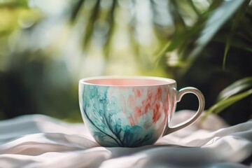 Poster - Floral patterned ceramic mug, soft pastel colors.
