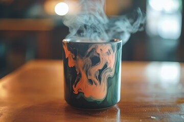 Poster - Steam rising from a vibrant, patterned mug on a wooden table.