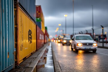 Naklejka na meble Colorful shipping containers line a wet road at dusk, cars drive on the rain-slicked street with lights blurred.
