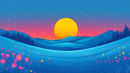 Wall Mural - Vibrant, stylized illustration of a landscape at sunset.