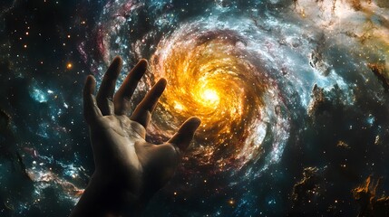 hand reaching toward a distant galaxy