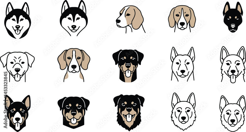 Various Dog Breeds Headshots Collection with Black White and Brown ...
