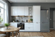 © Ariawan - Grey and white contemporary classic kitchen interior designed in modern style being a part of studio apartment. 3d rendering.