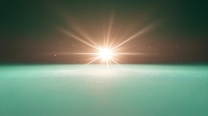 Wall Mural - Bright light bursts from horizon over teal surface Glowing rays radiate illuminating textured ground  Cosmic etherea