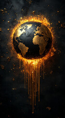 earth globe and world map engulfed in black oil and carbon textures, symbolizing environmental degra