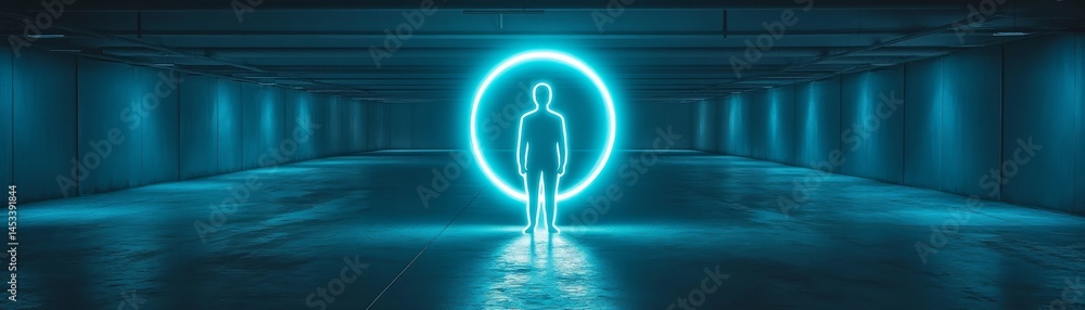 Illuminated figure in a dark room, captivating study of light and ...