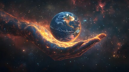 cosmic hand holding a planet: a giant hand gently cradling a small planet, surrounded by a sea of st