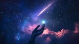 Hand Reaching for a Shooting Star: A hand stretching out to catch a shooting star, with a vibrant night sky full of twinkling stars.
