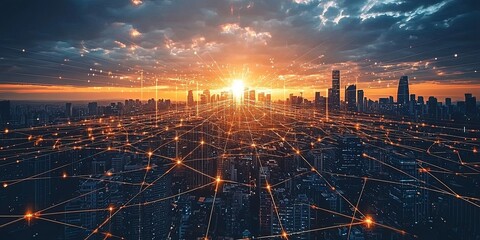 Poster - Vibrant City Skyline at Sunset with Network Connections Representing Digital Communication and Technology Integration in Urban Environment