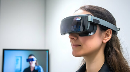 Woman Wearing a Virtual Reality Headset in a Modern Setting