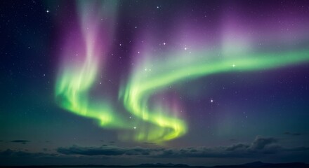 Wall Mural - Aurora Borealis Display Over Iceland with Stars and Dark Horizon