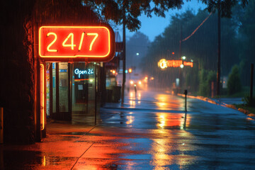 Wall Mural - Red neon sign illuminates a rainy night street, casting a vibrant glow against the wet pavement and silhouettes of passing figures.