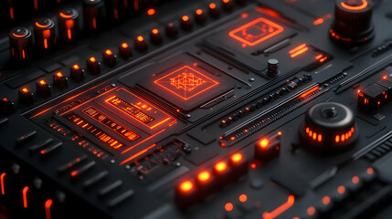 Detailed view of circuit board with red highlights on a black background