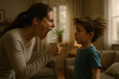 © kristina - Woman reading a book to child in living room.