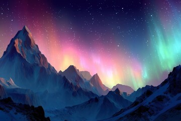 Wall Mural - Majestic mountain range under a vibrant aurora borealis with a starry night sky above