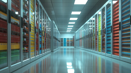 Leinwandbilder - Modern data center corridor with rows of illuminated server racks, reflective floor, and bright ceiling lights, showcasing advanced technology and secure digital infrastructure