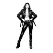© ascrea - Woman wear leather jacket sketch engraving black and white outline. Scratch board imitation.  illustrated in vintage line art style on a white background.