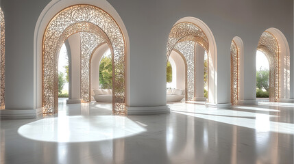 Poster - Elegant minimalist arches with intricate patterns and soft natural light create serene, luxurious interior space, featuring white marble floors and lush greenery outside