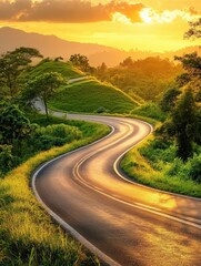 Wall Mural - Serpentine Road Through Lush Green Hills at Sunset with Golden Light and Mountain Views