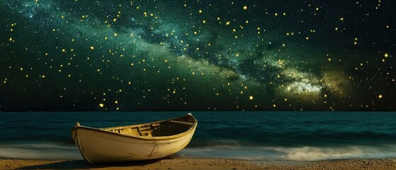 Wall Mural - dreamy seascape with boat under a starry night sky and milky way galaxy displaying magic