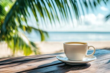 Wall Mural - Enjoying coffee on a wooden table by the beach with palm trees overhead under a clear sky, Coffee cup on a wooden table by the beach under palm trees Tranquil tropical  concept