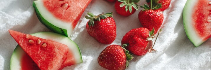 Aufkleber - Bright Strawberries and Refreshing Watermelon Slices Arranged on a White Picnic Cloth During a Sunny Outdoor Gathering Generative AI