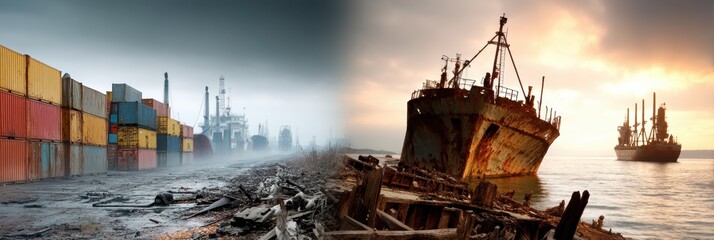 Fototapete - Productive Trade Juxtaposed With Collapsed Cargo at a Port During Twilight Generative AI