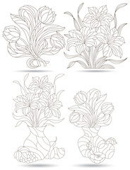  Set of contour illustrations in stained glass style with still lifes, flowers and fruits, dark outlines on a white background