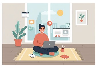 Wall Mural - Flat vector illustration of a minimalist home office setup for remote work