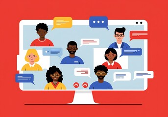 Wall Mural - Flat illustration of a diverse team working remotely via video call 