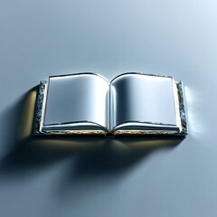 Poster - Open Book with Textured Metallic Edges, Blank Pages on a Pale Blue Background, Illuminated and Ready for Your Story