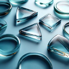 Leinwandbilder - Glass Shapes on Aqua Background: Modern Still Life with Rings, Squares and Triangles