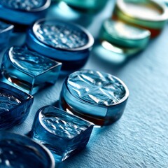 Leinwandbilder - Translucent Blue and Teal Glass Shapes, A Macro Image Capturing Light and Texture with Geometric Design on a Blue Surface 