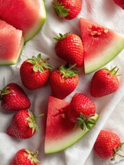 Aufkleber - Bright Strawberries and Watermelon Slices Create a Fresh Picnic Spread on a White Cloth Under the Sun Generative AI
