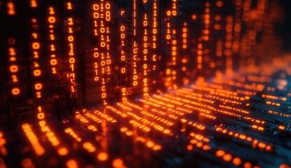 orange digital code streams cascading down a technological structure.