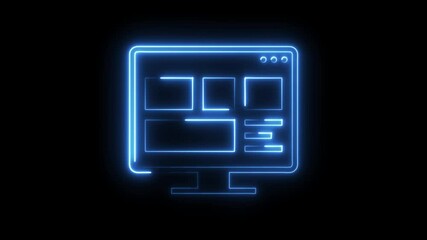 Neon computer display animation on black background website design concept futuristic glowing monitor screen with interface elements