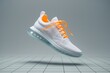 © Aillusionist - White shoe with orange laces hovers above a grid  ideal for creative footwear or fashion designs, shoe advertisements, or sports campaigns.