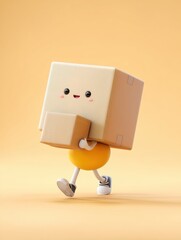 Leinwandbilder - Charming 3D Mascot Character Joyfully Carrying a Large Box on Tiny Legs Against a Warm Background Generative AI