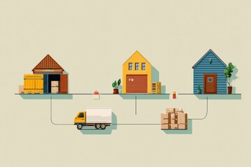 Poster - Delivery Process Animation Showing Progress From Warehouse to Home Using Flat Style Graphic Design Elements Generative AI