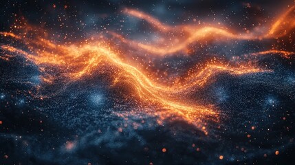 fiery, swirling nebula of cosmic particles. intricate patterns of orange-red and dark blue particles