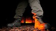 © JUAN_COLLECTION - Forest fire, dark night, person's feet in boots