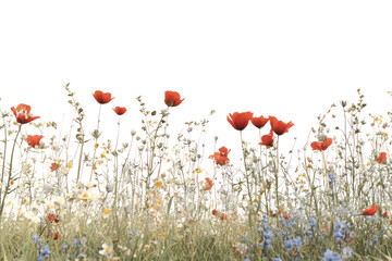 a vibrant red poppy flower blooms in a beautiful summer field under the blue sky, a wild splash of c