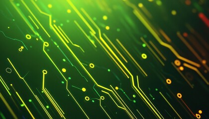 Leinwandbilder - Vibrant Green Circuit Board with Yellow Traces and Electronic Components Abstract Technology Background with Lines and Modern Design Element