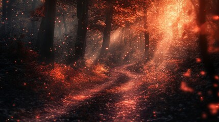 Wall Mural - a mystical forest path illuminated by warm colors. shimmering lights dance through the trees. experi