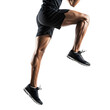 © Natalia - A person's muscular legs wearing black shorts and sneakers are captured mid-stride against a transparent background.
