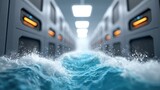 A high-tech server room being submerged in rising water, representing massive water consumption