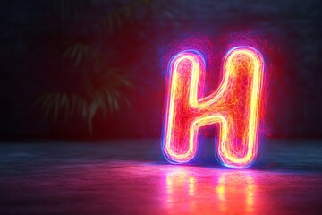 Wall Mural - neon letter h glowing dark background