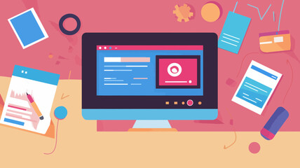 Web Development Process Concept Vector Illustration with Desktop, Tablet, and Stationery Elements