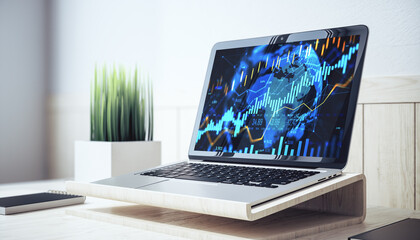 Fototapete - Laptop displaying digital forex and stock market analysis charts on desk in modern office setting with light background and corporate workspace.. 3D Rendering