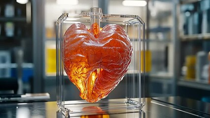 A vivid, illuminated heart model displayed in a laboratory setting, showcasing intricate details
